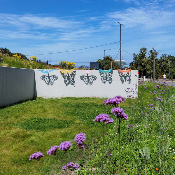 Outdoor wall art in the shape of butterflies cast shadows onto the wall