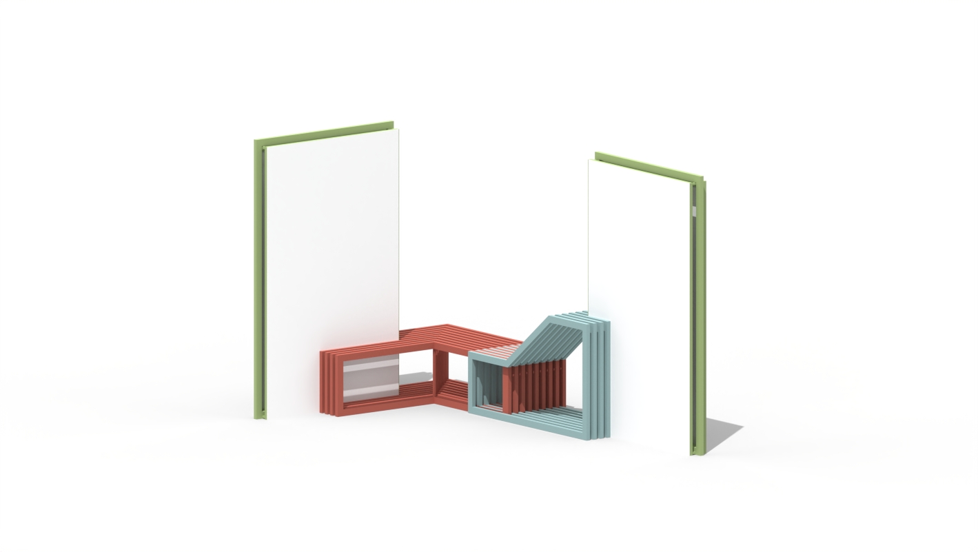 Intersections are created with a modular system of geometric shapes that can be freely rearranged. Open-air exhibition - special spaces for visitors. This module allows you to create outdoor gallery.