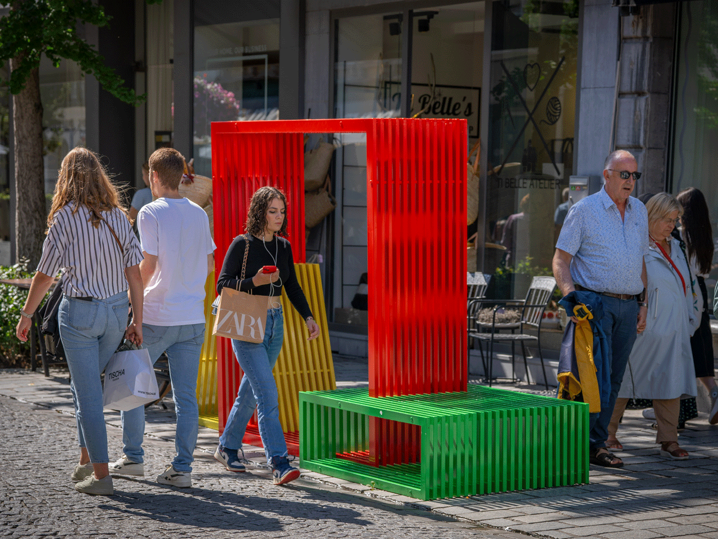 Colorful seating for public spaces made from modules.