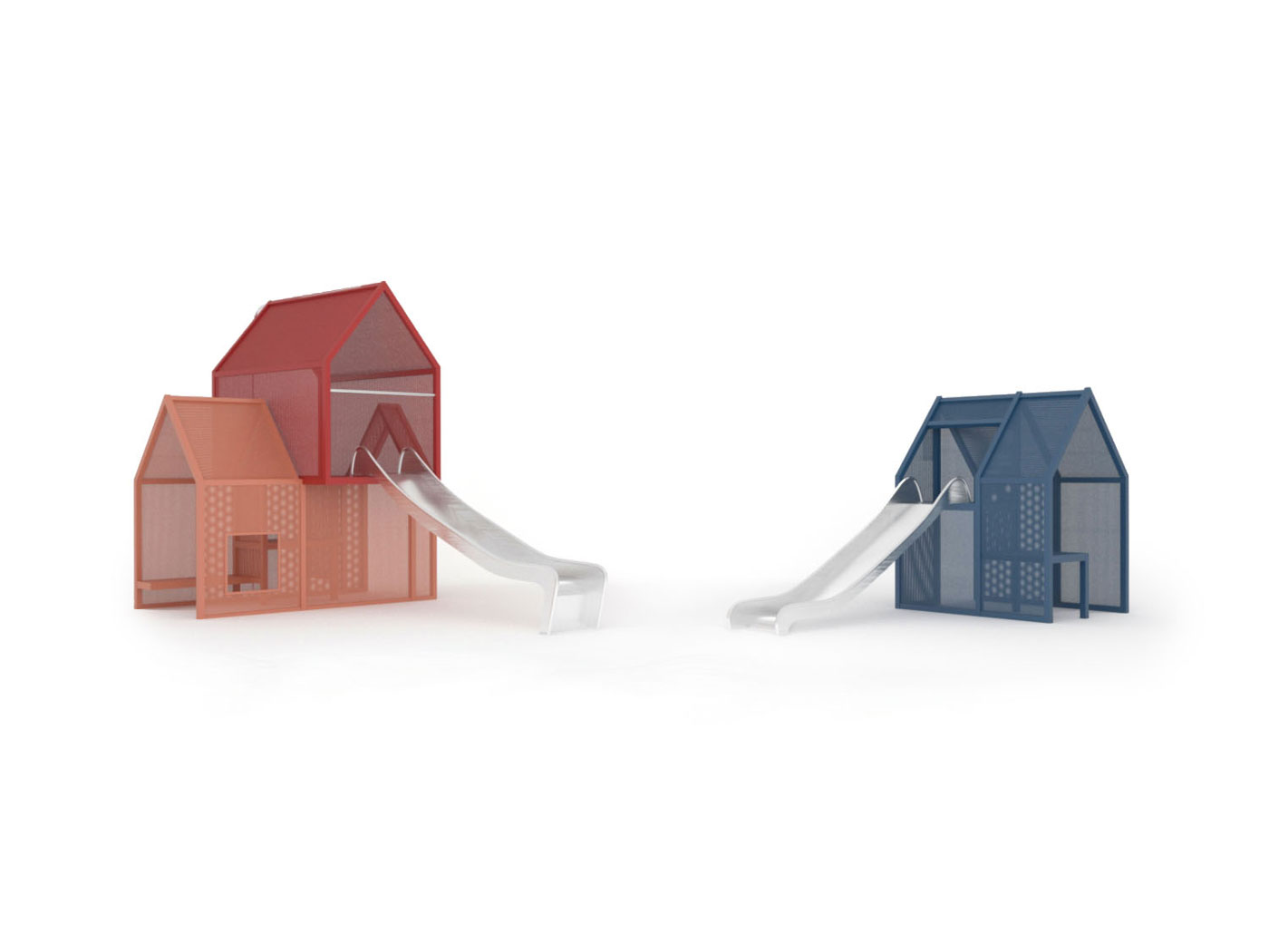 Artistic Playground Structures - Stacked Play Houses, an artistic playground consisting of two steel houses stacked one on top of another.