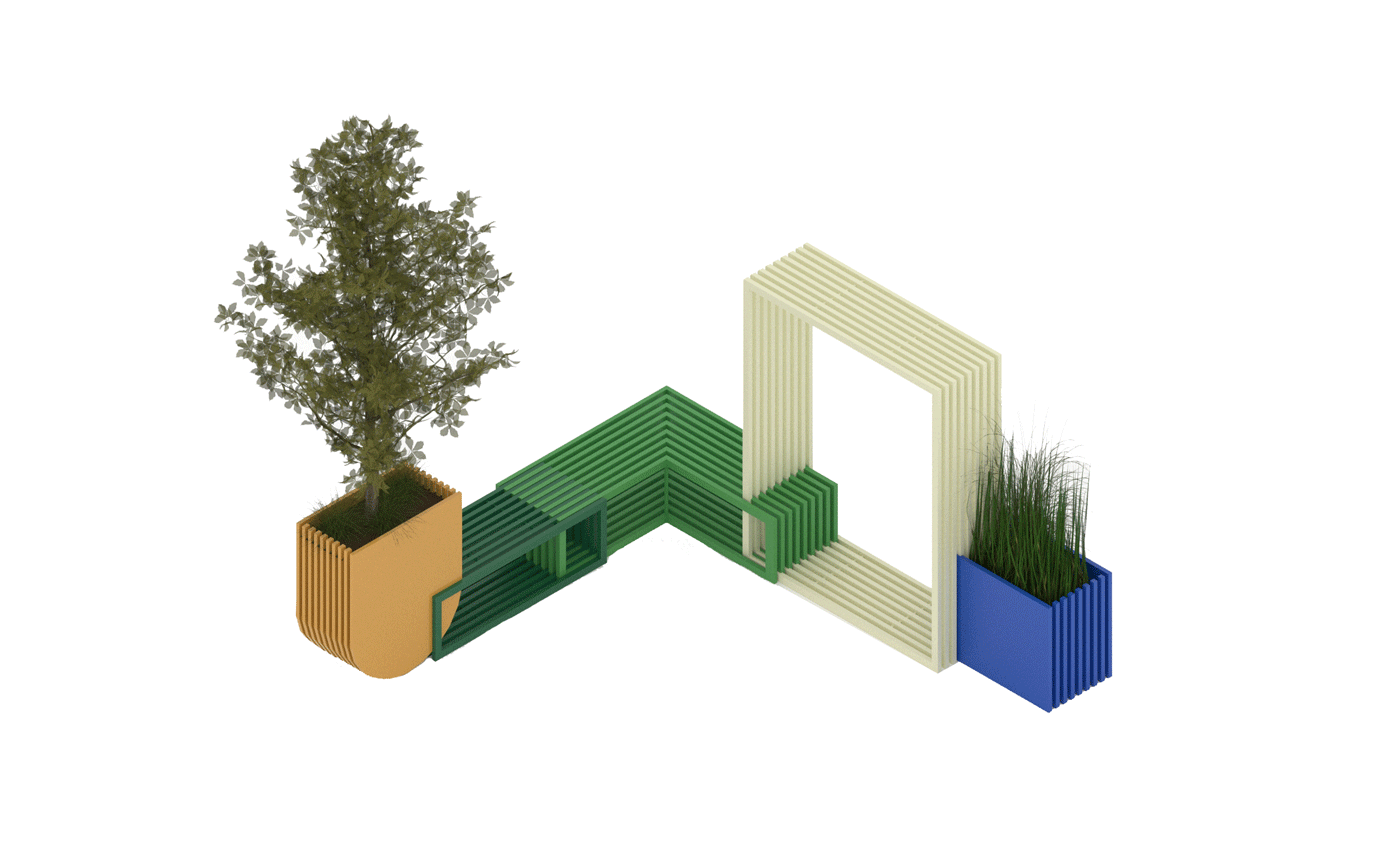 This modular public furniture with flowerpot and seats creates an intimate place for contemplating.
