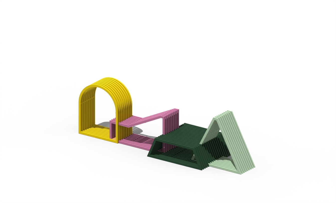This modular play composition creates a place for sitting, playing and relaxing. Art city seating for public space installation created with a modular system.
